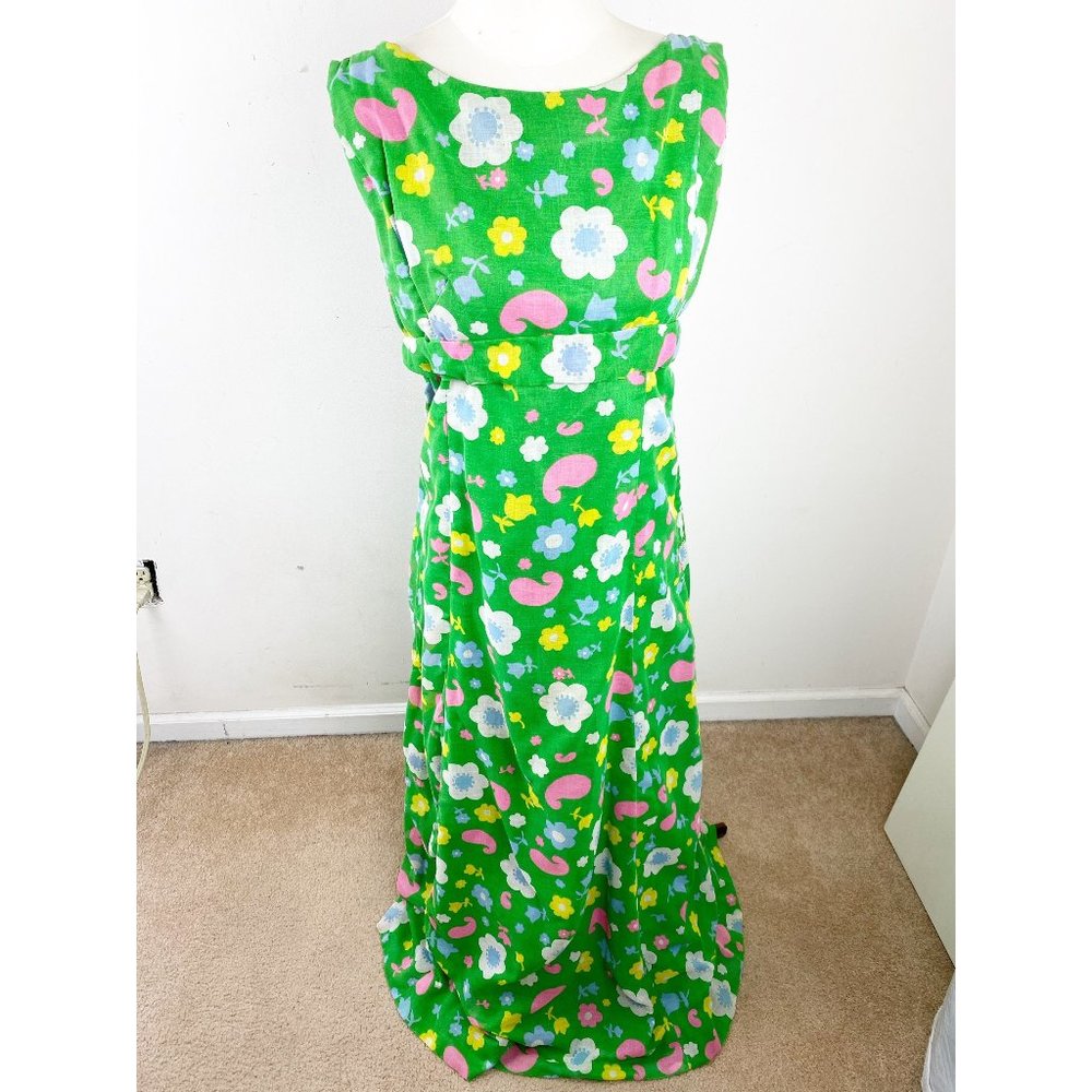 Vintage 60s Hand Sewn Floral Sheath Floor Length Size 10